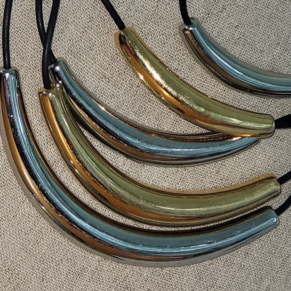 Vintage KIAM FAMILY Gold Silver Tone Curved Bar Black Cord Necklace